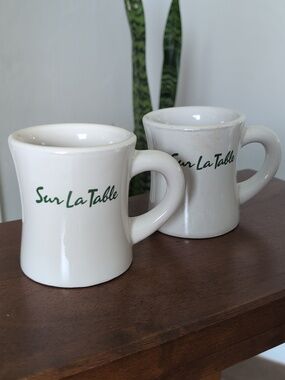 Vintage Sur La Table White Ceramic Mugs with Green Logo - Set of 2